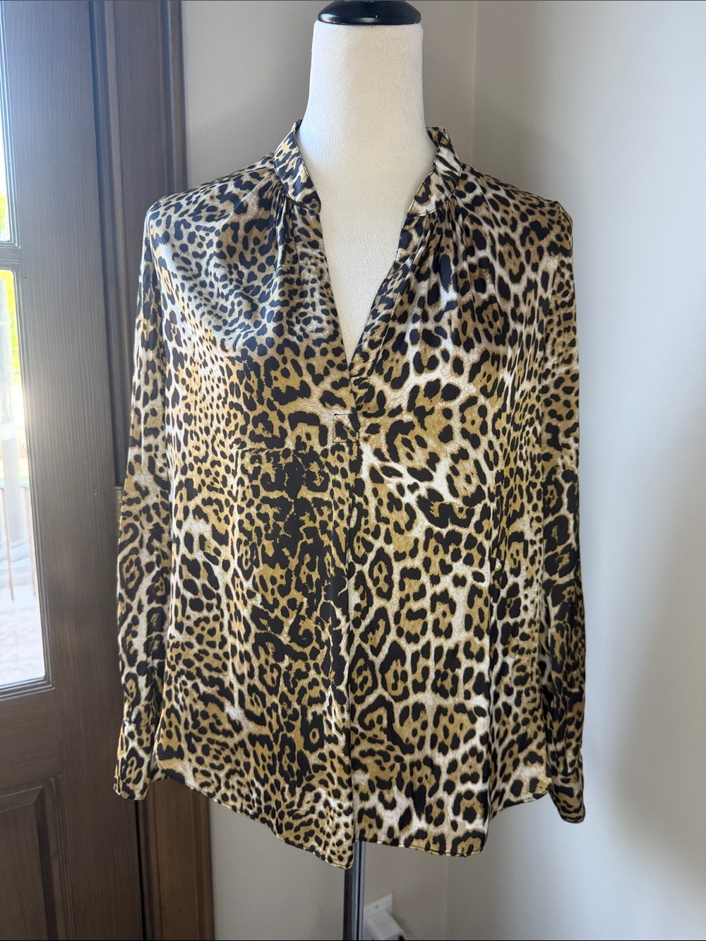 ZADIG VOLTAIRE Satin Leopard Print V-Neck Long Sleeve Blouse Brown Tan Black XS
